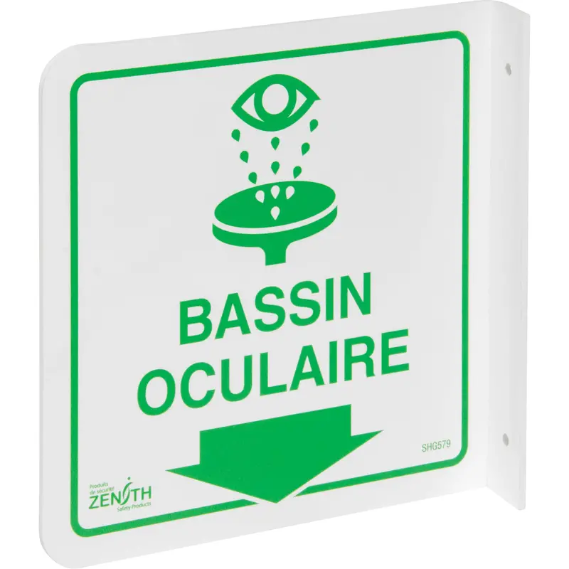 90° Projecting "Bassin Oculaire" Sign, 8" X 8", Plastic, French With Pictogram 1
