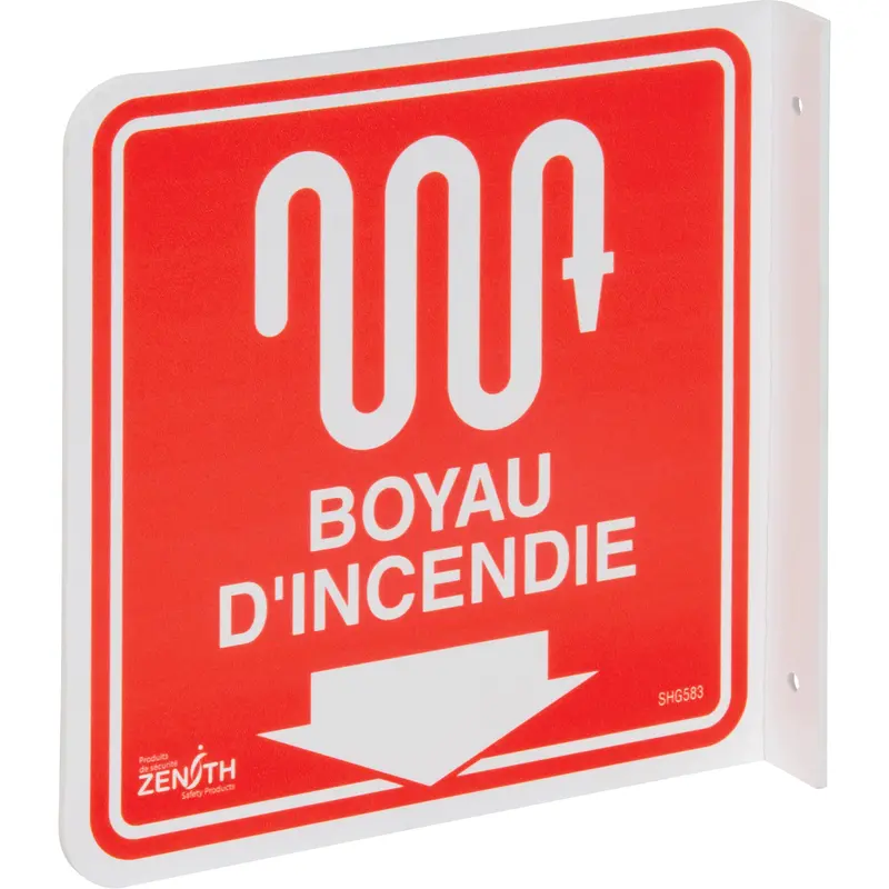 90° Projecting "Boyau D'incendie" Sign, 8" X 8", Plastic, French With Pictogram 1