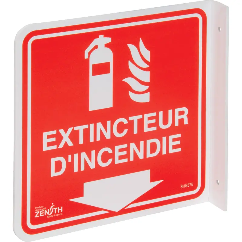 90° Projecting "Extincteur D'incendie" Sign, 8" X 8", Plastic, French With Pictogram 1