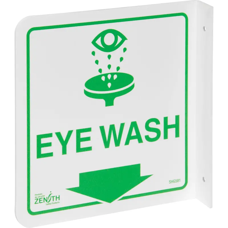 90° Projecting "Eye Wash" Sign, 8" X 8", Plastic, English With Pictogram 1