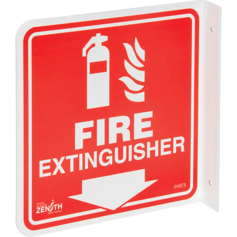90° Projecting "Fire Extinguisher" Sign, 8" X 8", Plastic, English With Pictogram 1