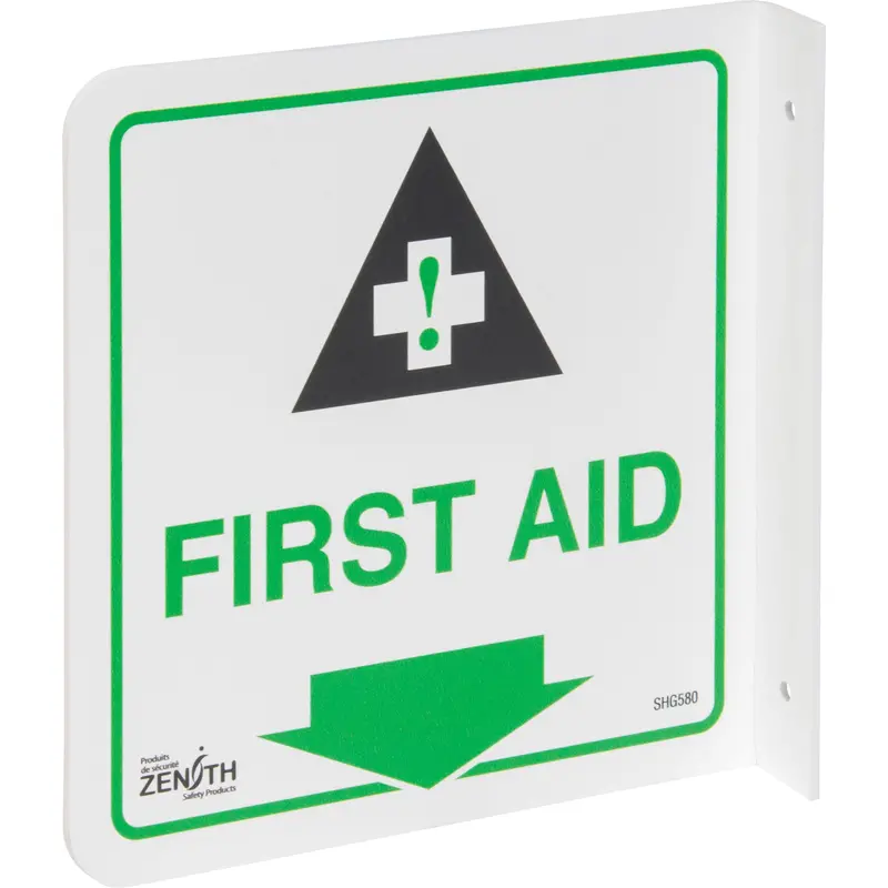 90° Projecting "First Aid" Sign, 8" X 8", Plastic, English With Pictogram 1
