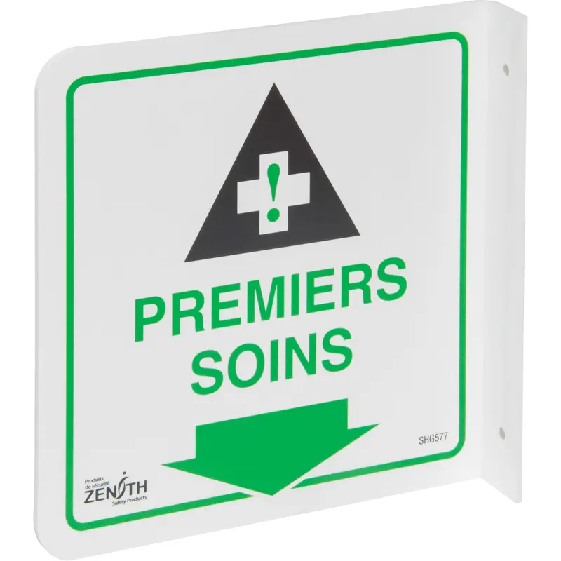 90° Projecting "Premiers Soins" Sign, 8" X 8", Plastic, French With Pictogram 1