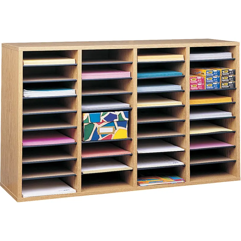 Adjustable Compartment Literature Organizer, Stationary, 36 Slots, Wood, 39-1/4" W X 11-3/4" D X 24" H 1