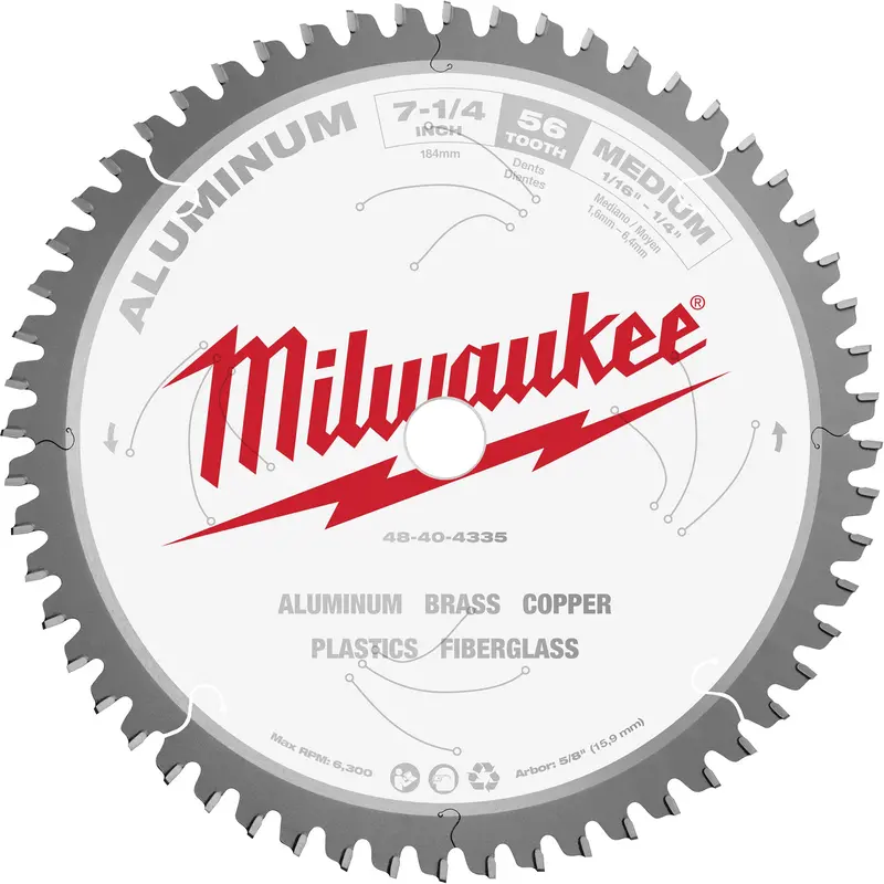 Aluminum Cutting Circular Saw Blade, 7-1/4", 56 Teeth, Plastic/Fibreglass/Non-Ferrous Use 1