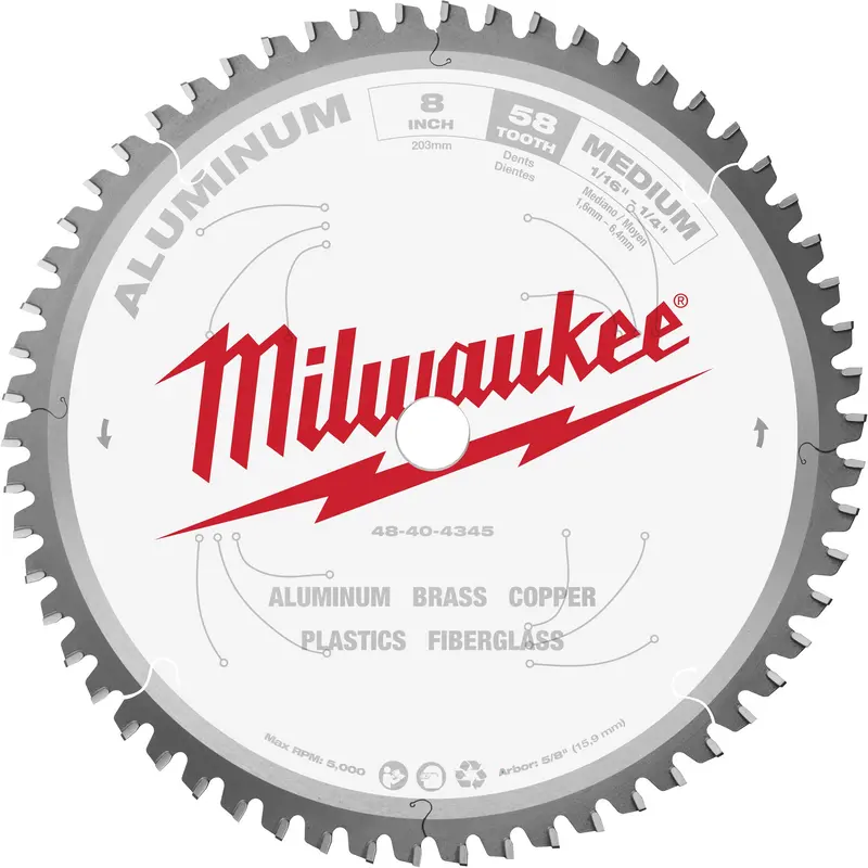 Aluminum Cutting Circular Saw Blade, 8", 58 Teeth, Plastic/Non-Ferrous Use 1