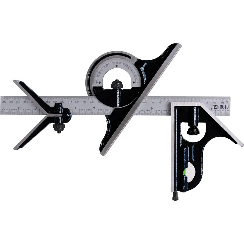 Combination Square Set With E/M Rule, 4 Pcs., 1/64"/0.5 Mm Graduations, Steel, Plain 1