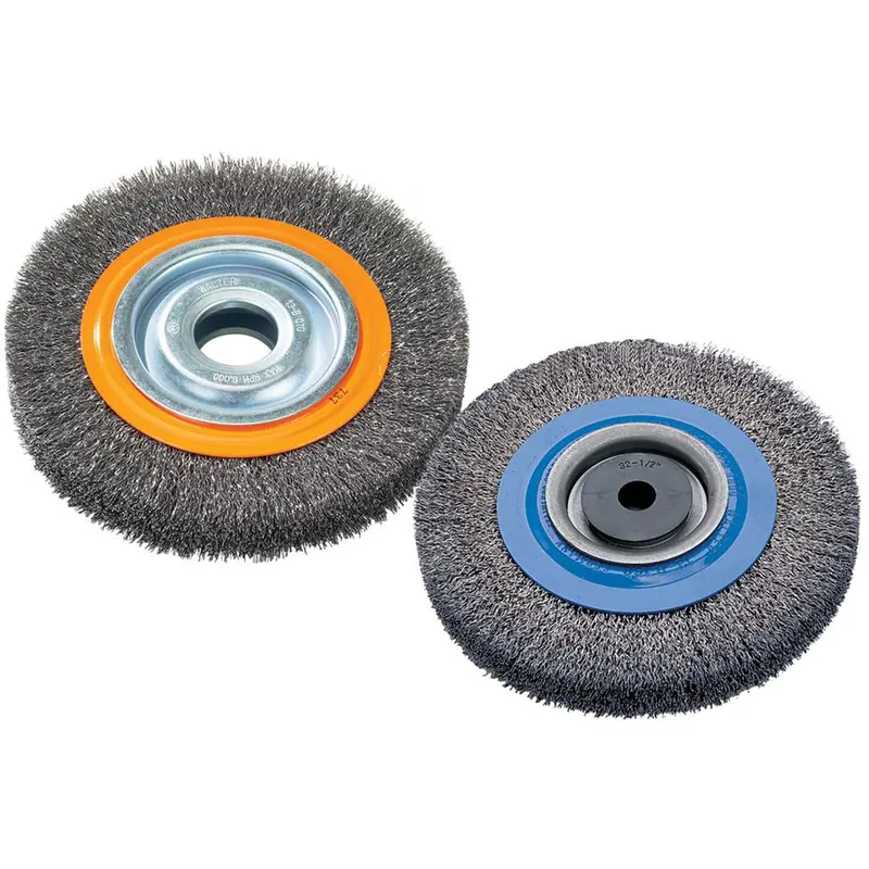 Crimped Wire Bench Wheel Brush, 10" Dia., 0.0118" Fill, 5/8" - 1-1/4" Arbor 1