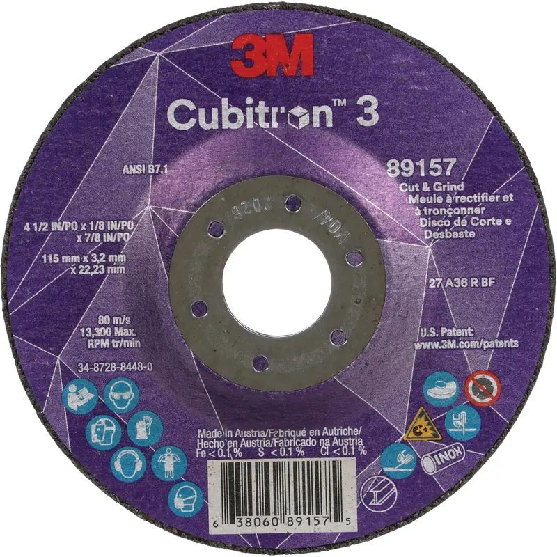 Cubitron™ 3 Cut And Grind Wheel, 4-1/2" X 1/8", 7/8" Arbor, Type 27, 36 Grit, Ceramic 1