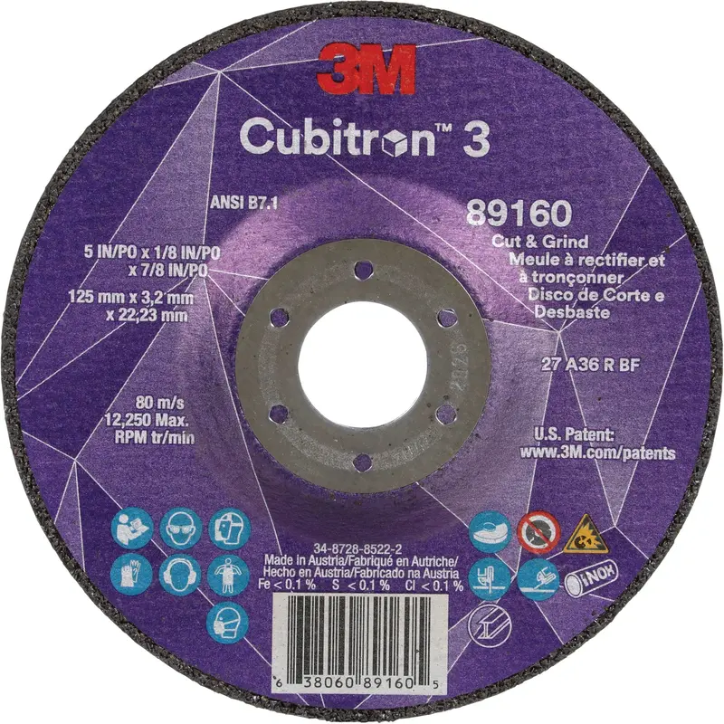 Cubitron™ 3 Cut And Grind Wheel, 5" X 1/8", 7/8" Arbor, Type 27, 36 Grit, Ceramic 1