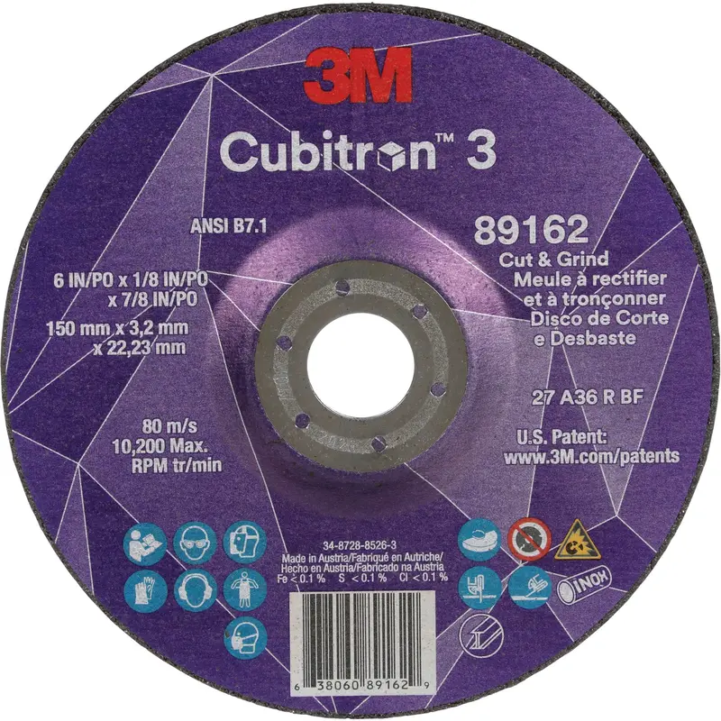 Cubitron™ 3 Cut And Grind Wheel, 6" X 1/8", 7/8" Arbor, Type 27, 36 Grit, Ceramic 1