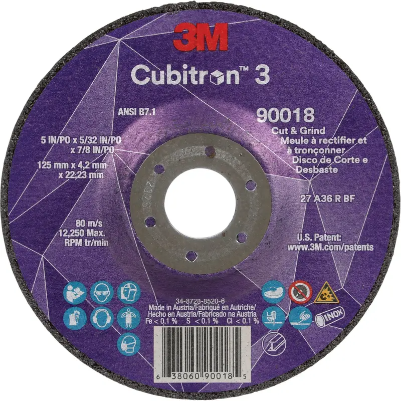 Cubitron™ 3 Cut & Grind Wheel, 5" X 5/32", 7/8" Arbor, Type T27, 36+ Grit, Ceramic 1