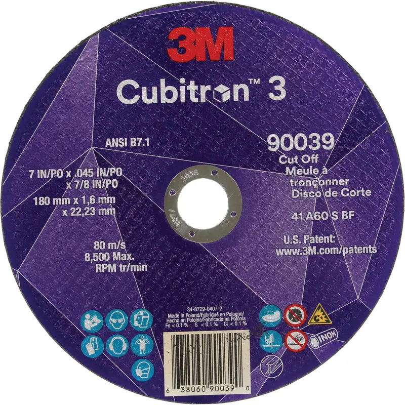 Cubitron™ 3 Cut-Off Wheel, 7" X 0.09", 7/8" Arbor, Type T27, Ceramic, 8500 Rpm 1