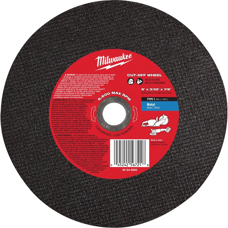Cut-Off Wheel, 9" X 3/32", 7/8" Arbor, Type 1, 6600 Rpm 1