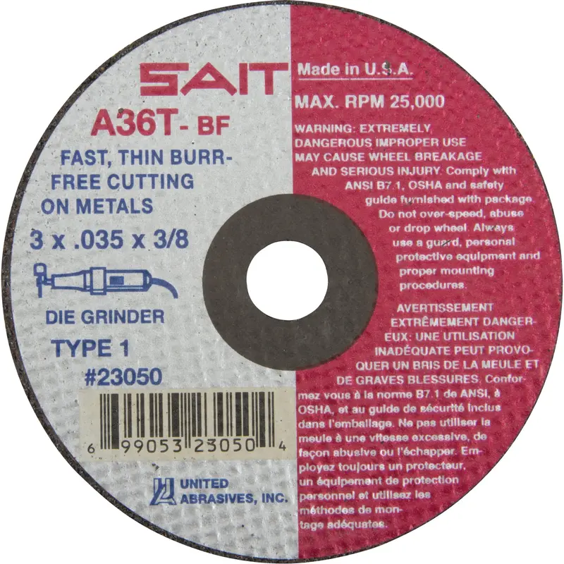 Cut-Off Wheel (A36t), 3" X 0.035", 3/8" Arbor, Type 27, Aluminum Oxide, 25000 Rpm 1