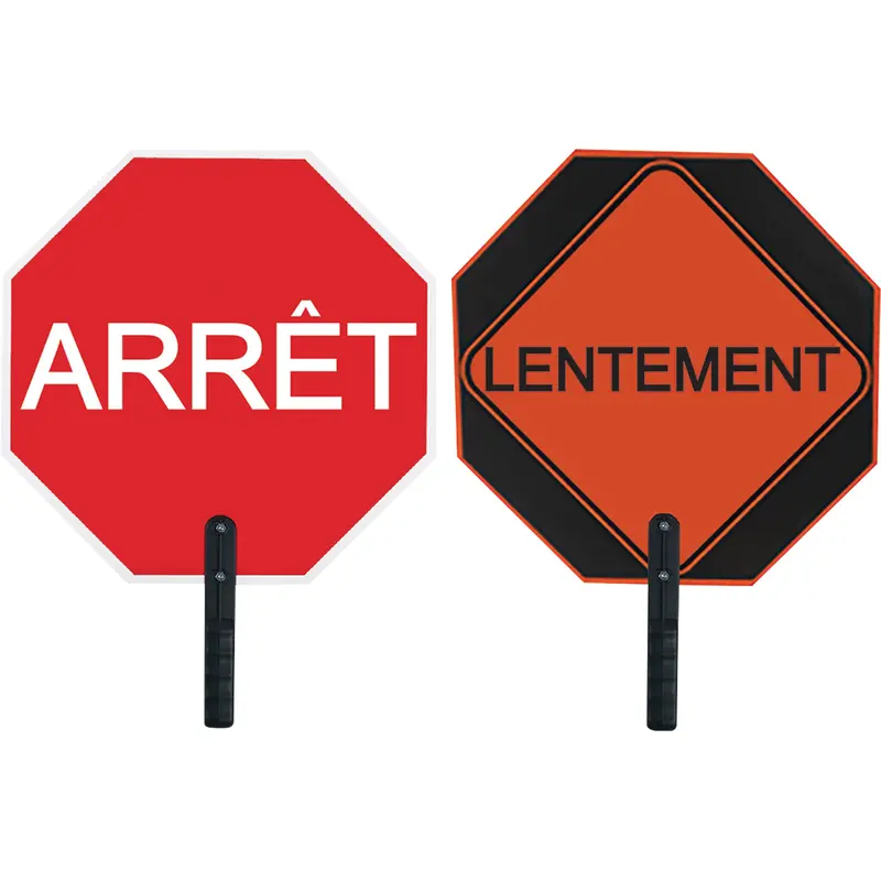 Double-Sided "Arrêt/Lentement" Traffic Control Sign, 18" X 18", Aluminum, French With Pictogram 1
