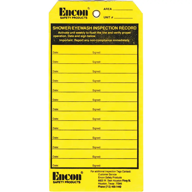 Emergency Shower & Eyewash Inspection Record Tag, Cardstock, 3-1/8" W X 6-1/4" H, English 1