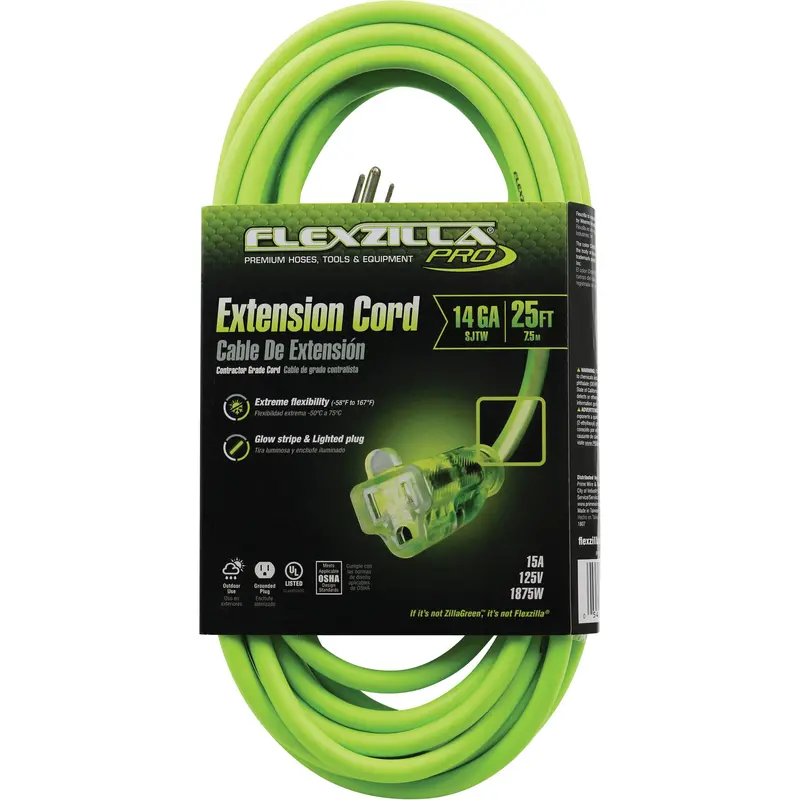 Flexzilla® Pro Industrial Extension Cord, All-Weather, Sjtw, 14/3 Awg, 15 A, 25' 1