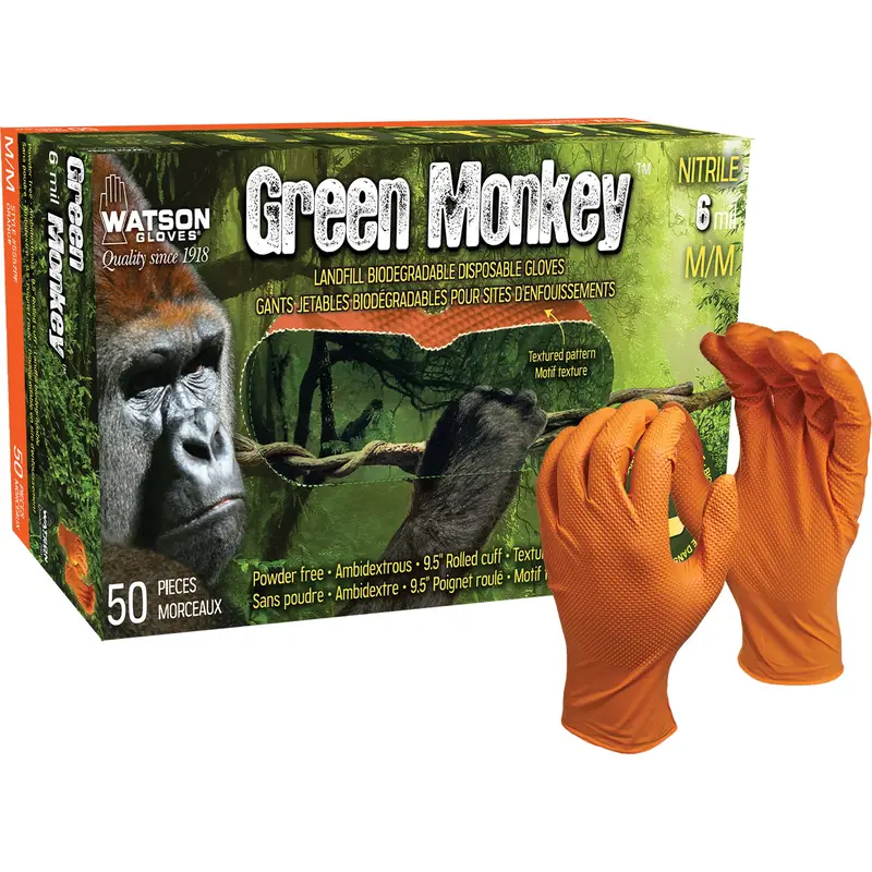 Green Monkey™ Disposable Gloves, Large, Nitrile, 6-Mil, Powder-Free, Orange 1