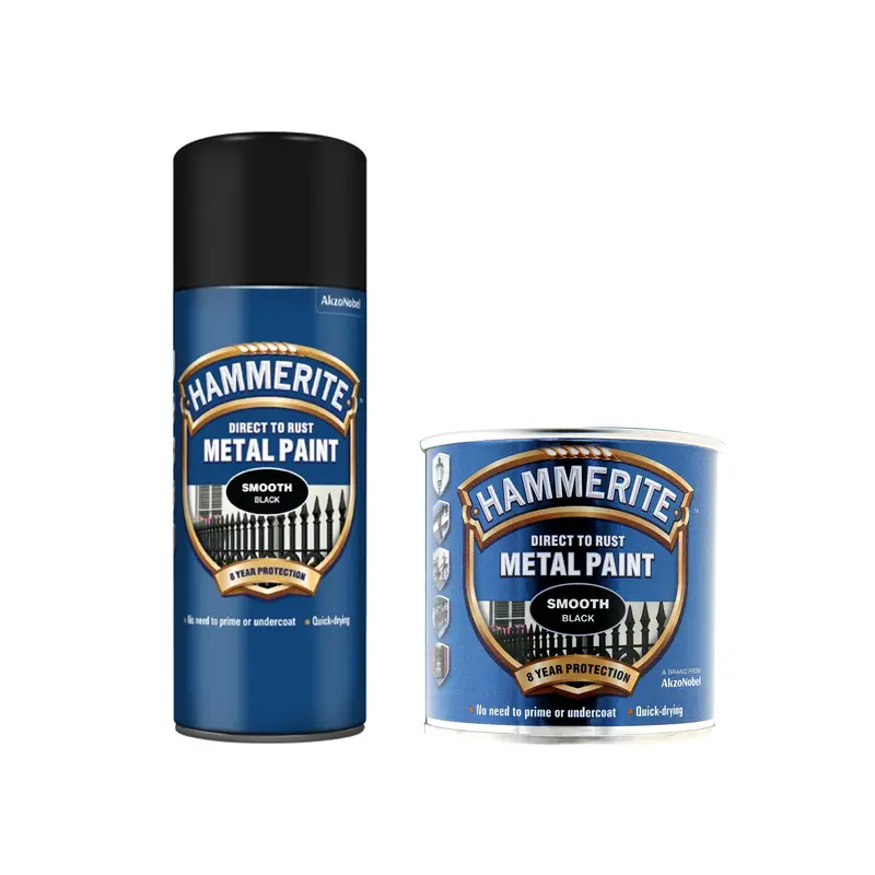 Hammerite Smooth Black Metal Paint Aerosol & Tin - Pack Of 2 1