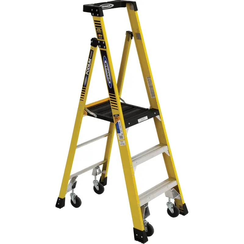 Heavy-Duty Rolling Podium Ladder, 3 Steps, 26-2/5" Step Width, 36" Platform Height, Fibreglass 1
