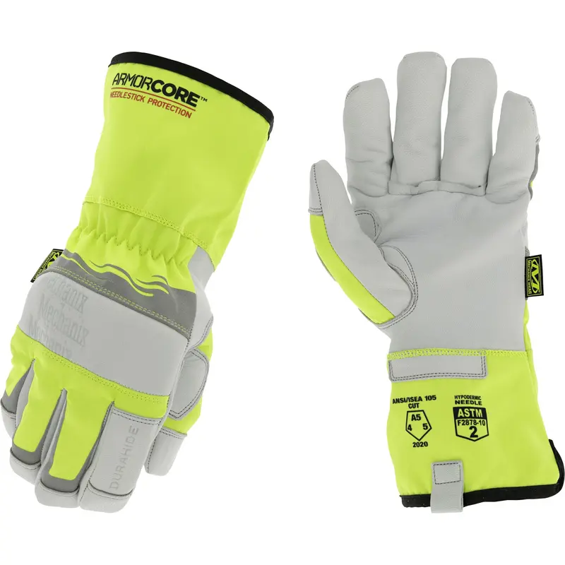 Hi-Viz Needlestick Protection Gloves, Size Large, Polyurethane Coated, Durahide™ Shell, Astm Ansi Level A5 1