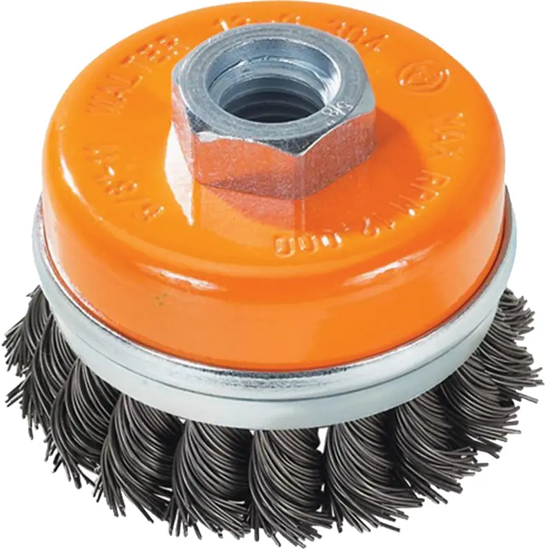 Knot-Twisted Wire Cup Brush With Ring, 3" Dia. X 5/8"-11 Arbor 1