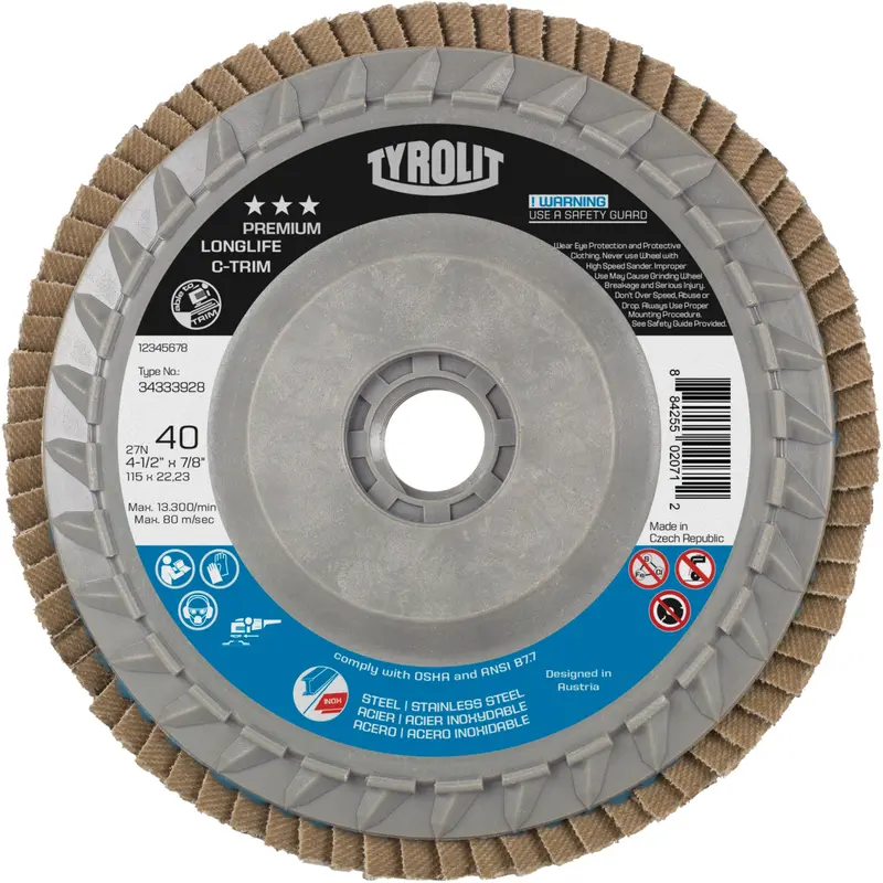 Long Life C-Trim Flap Disc, 4-1/2" X 5/8"-11, Type 27, 40 Grit, Zirconia Alumina 1