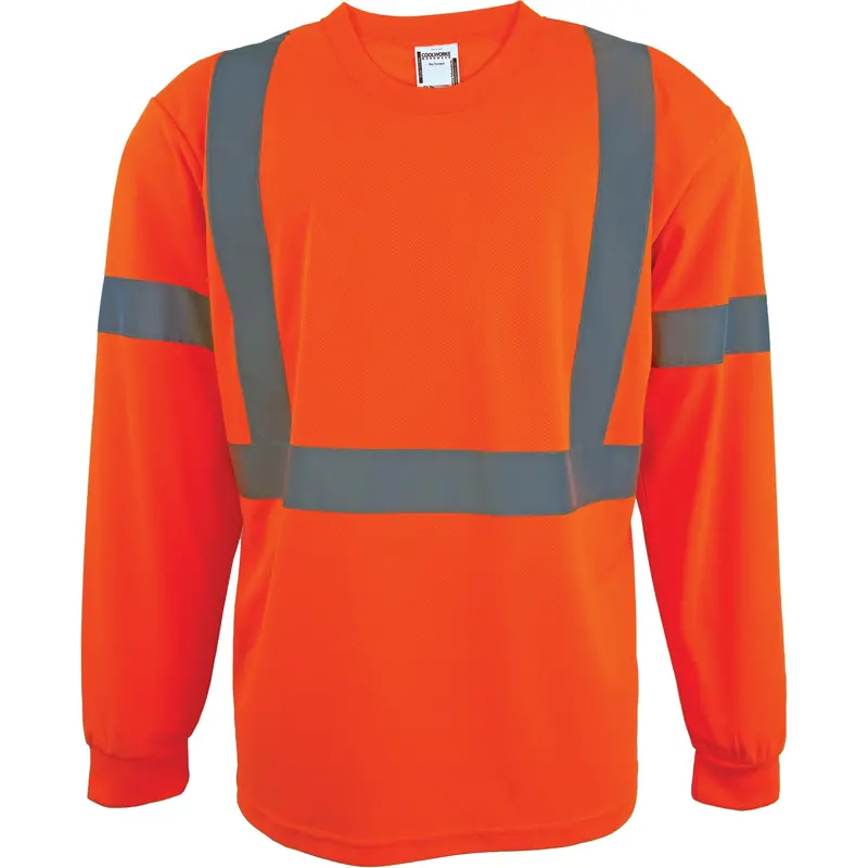 Long Sleeve Safety Shirt, Polyester, Medium, High Visibility Orange 1