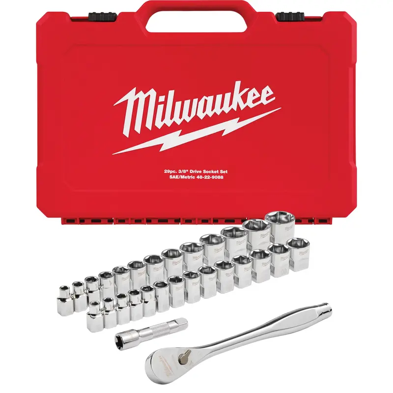 Metric & Sae Four Flat™ Sides Ratchet & Socket Set, 29 Pcs, 3/8" Drive Size 1
