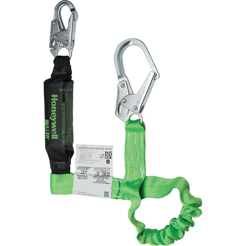 Miller® Stretchstop® Shock-Absorbing Lanyard, 6', Locking Rebar Hook Center, Locking Snap Hook Leg Ends, Polyester 1