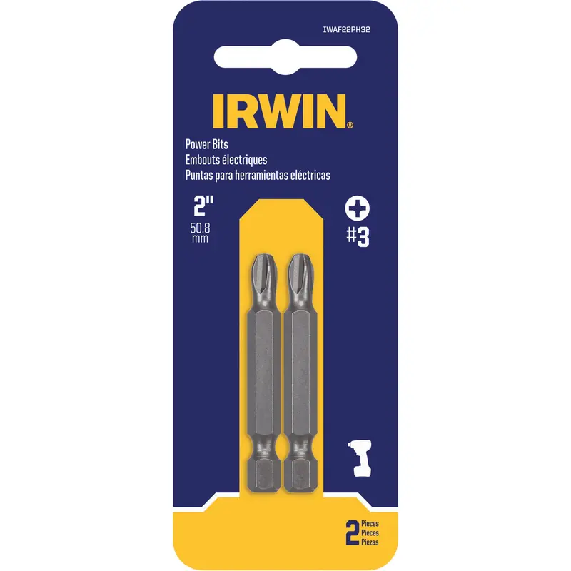 Power Bits, Phillips, #3 Tip, 1/4" Drive Size, 2" Length 1