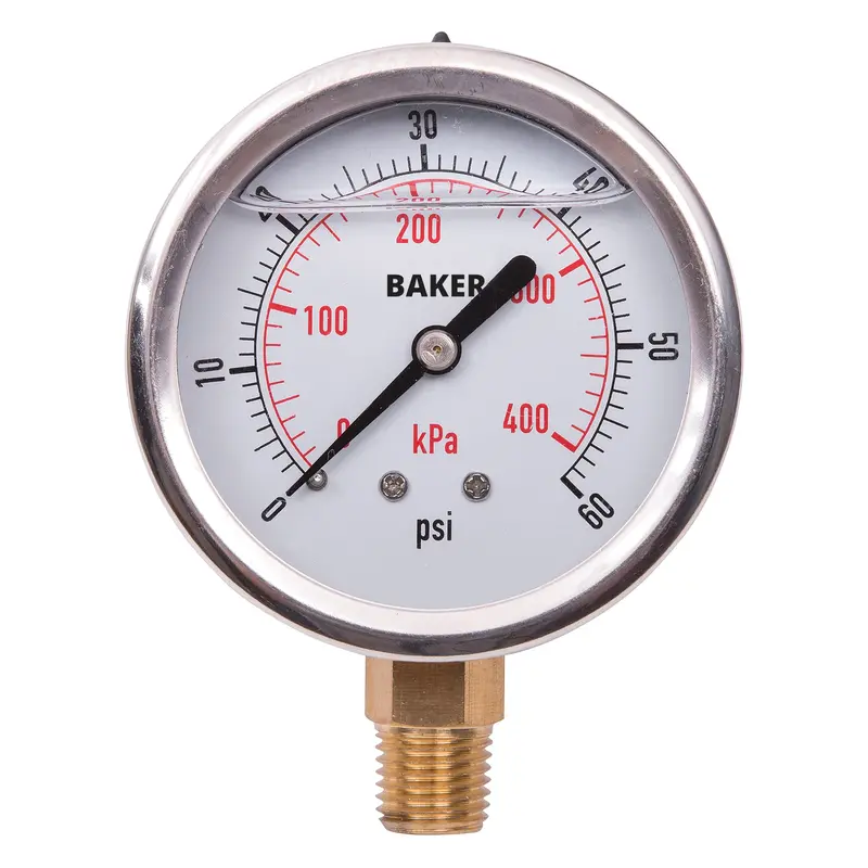 Pressure Gauges, 2-1/2" , 0-60 Psi/0-400 Kpa, Bottom Mount, Liquid Filled Analogue 1