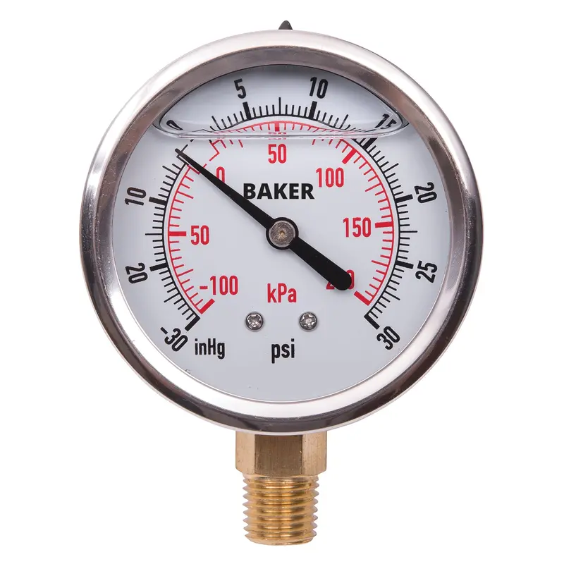 Pressure Gauges, 2-1/2" , 30" Hg-0-30 Psi, Bottom Mount, Liquid Filled Analogue 1