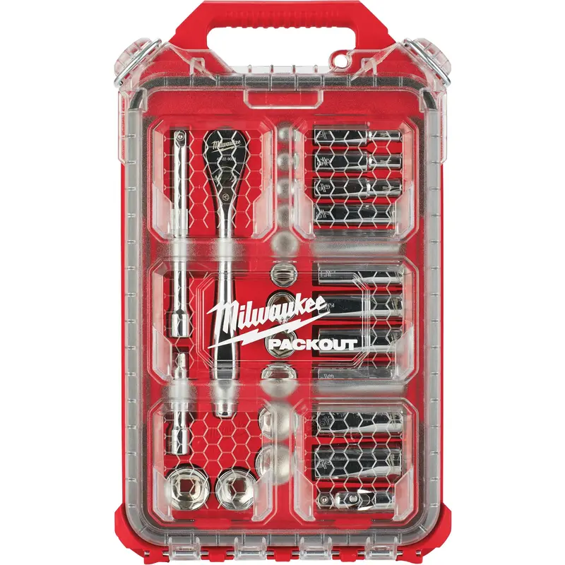 Ratchet & Socket Set With Packout™ Low-Profile Compact Organizer, 28 Pcs, 3/8" Drive Size, Deep 1