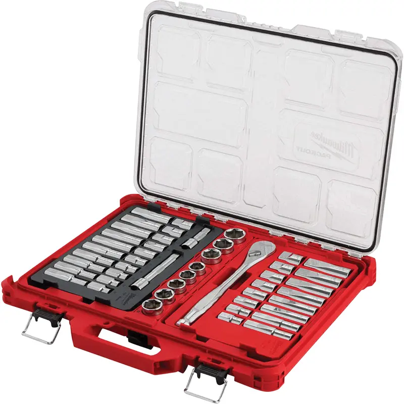 Ratchet & Socket Set With Packout™ Low-Profile Organizer, 47 Pcs, 1/2" Drive Size, Deep 1