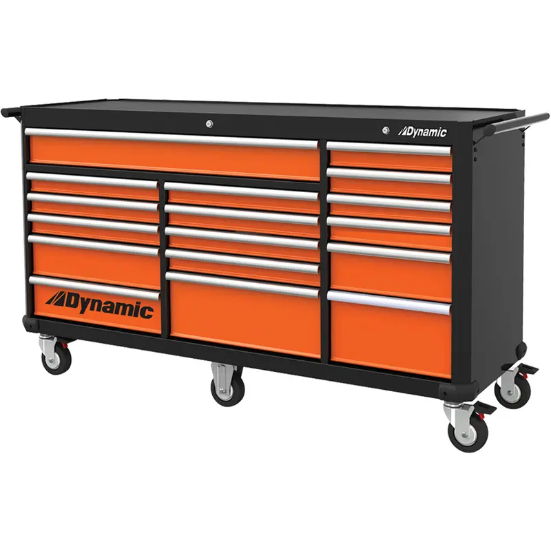 Roller Cabinet, 17 Drawers, 71" W X 24" D X 41" H, Black/Orange 1