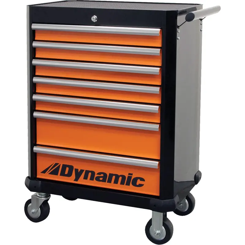 Roller Cabinet, 7 Drawers, 28" W X 18" D X 40" H, Black/Orange 1