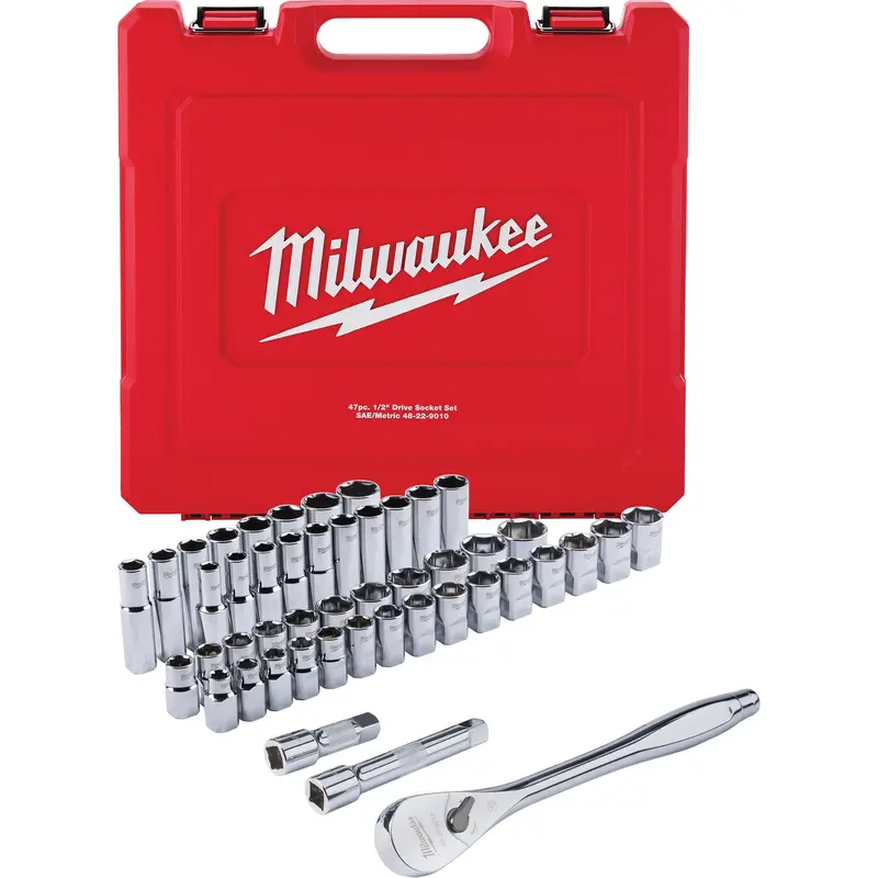 Sae & Metric Ratchet & Socket Set, 47 Pcs, 1/2" Drive Size, Deep 1