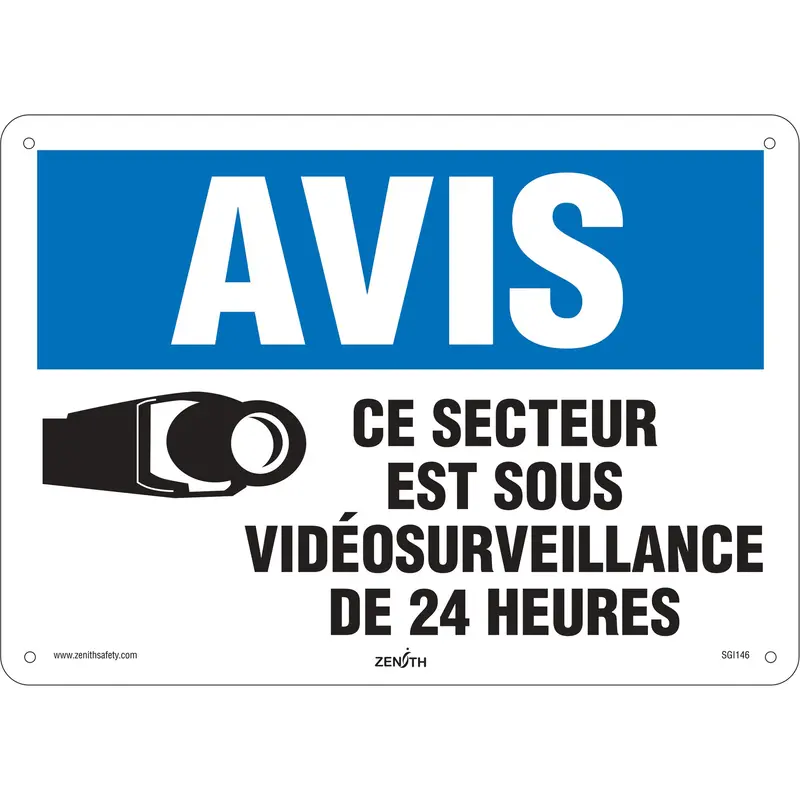 "Sous Vidéosurveillance" Sign, 10" X 14", Aluminum, French With Pictogram 1