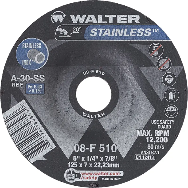 Stainless Steel Depressed Centre Grinding Wheels, 5" X 1/4", 7/8" Arbor, Type 27 1