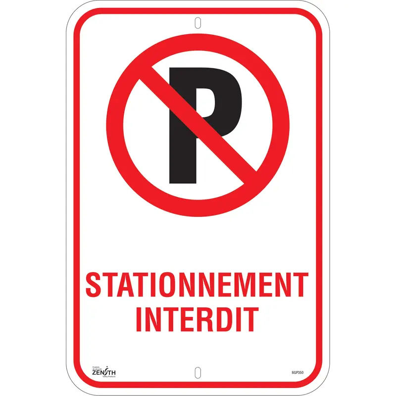 "Stationnement Interdit" Sign, 18" X 12", Aluminum, French With Pictogram 1