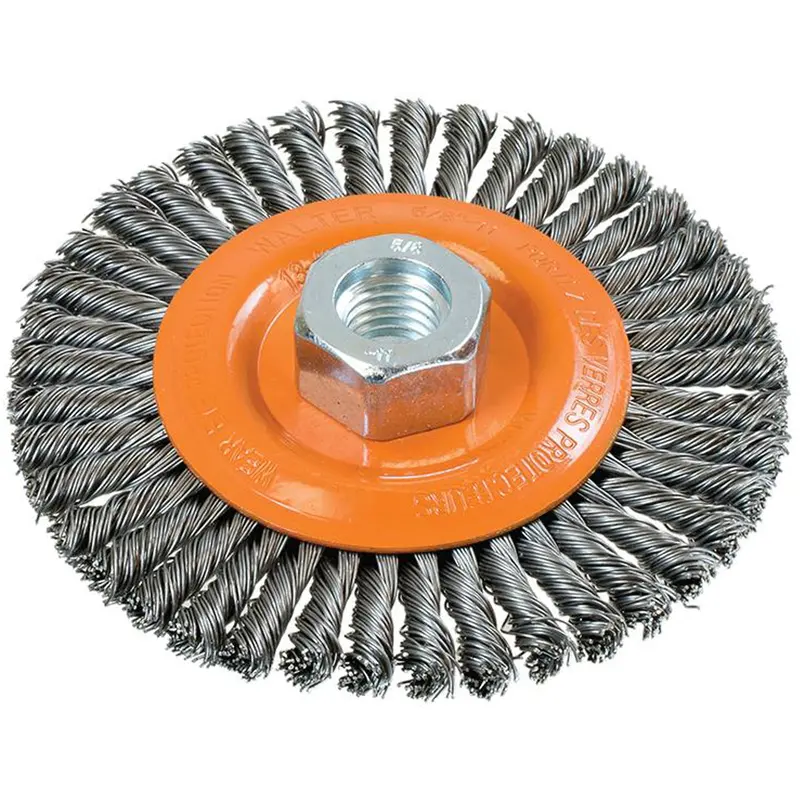 Stringer Bead Knotted Wire Brush, 4-1/2" Dia., 0.02" Fill, 5/8"-11 Arbor, Steel 1