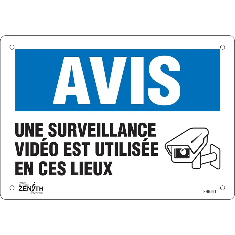 "Surveillance Vidéo" Sign, 7" X 10", Plastic, French With Pictogram 1