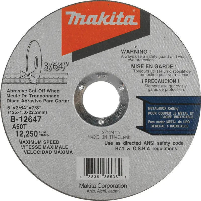Thin Kerf Cut-Off Wheel, 5" X 3/64", 7/8" Arbor, Type 1, Aluminum Oxide, 12250 Rpm 1