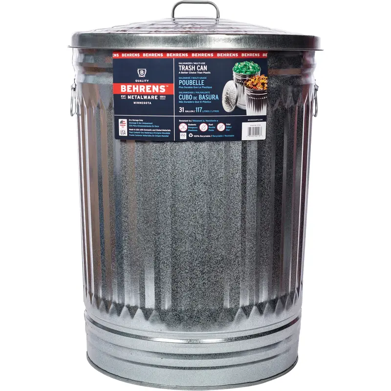 Trash Can With Lid, Galvanized Steel, 31 Us Gal. 1