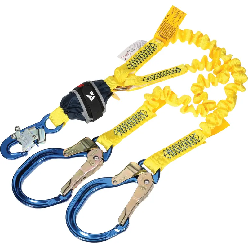 Twin-Leg Stretch Web Shock-Absorbing Lanyard, 6', Rebar Hook Center, Snap Hook Leg Ends 1