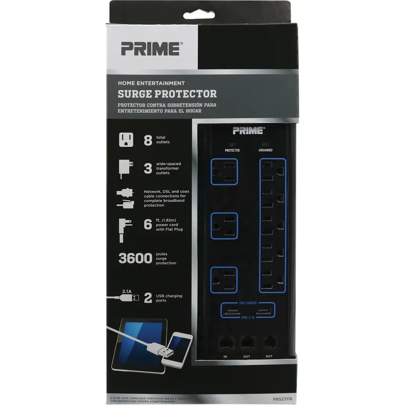 Usb Charging Surge Protectors, 8 Outlets, 3600 J, 1875 W, 6' Cord 1