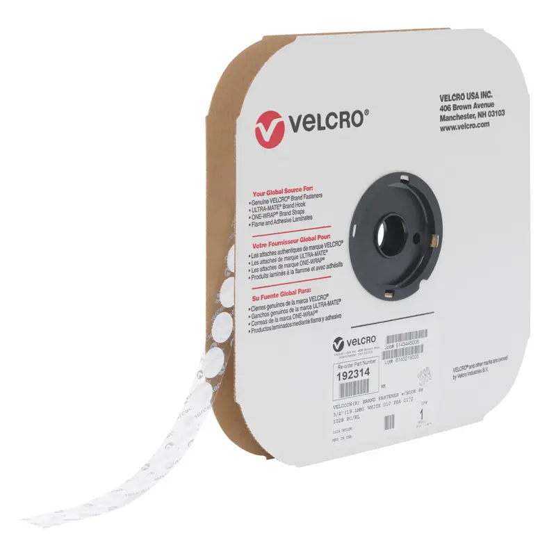 Velcoin® Fastener, Hook, 3/4" Dia., Adhesive, White 1