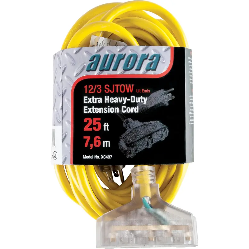 Vinyl Extension Cord With Light Indicator, Outdoor, Sjtow, 12/3 Awg, 15 A, 3 Outlet(S), 25' 1